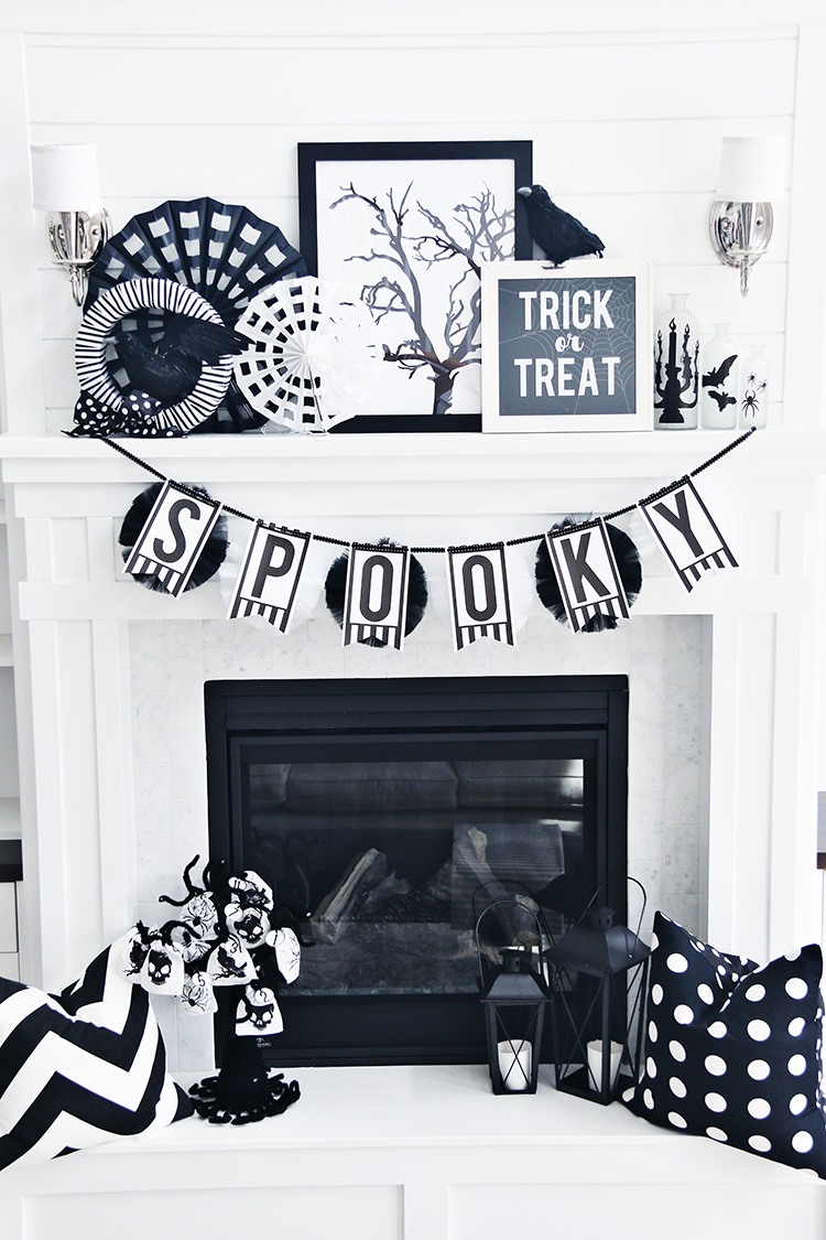 Classic Black and White Halloween Mantel