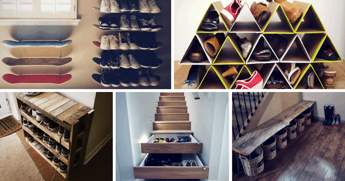 shoe storage on top of stairs